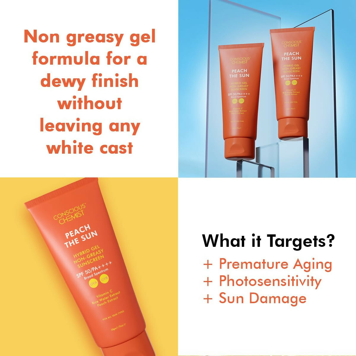 Conscious Chemist Peach The Sun Hybrid Gel Sunscreen SPF 50 PA ++++ - Distacart