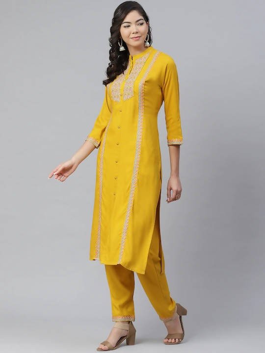 Anubhutee Mustard Yellow & Blue Embroidered Kurta with Trousers - Distacart
