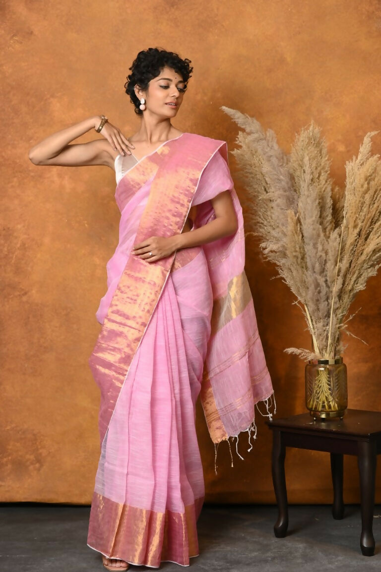Very Much Indian Handloom Pure Cotton Linen Saree With Golden Border - Pink - Distacart
