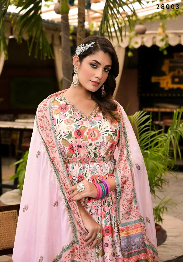 Wedding Designer Multi Soft Dola Silk Anarkali suit with Dupatta - Sanj - Distacart