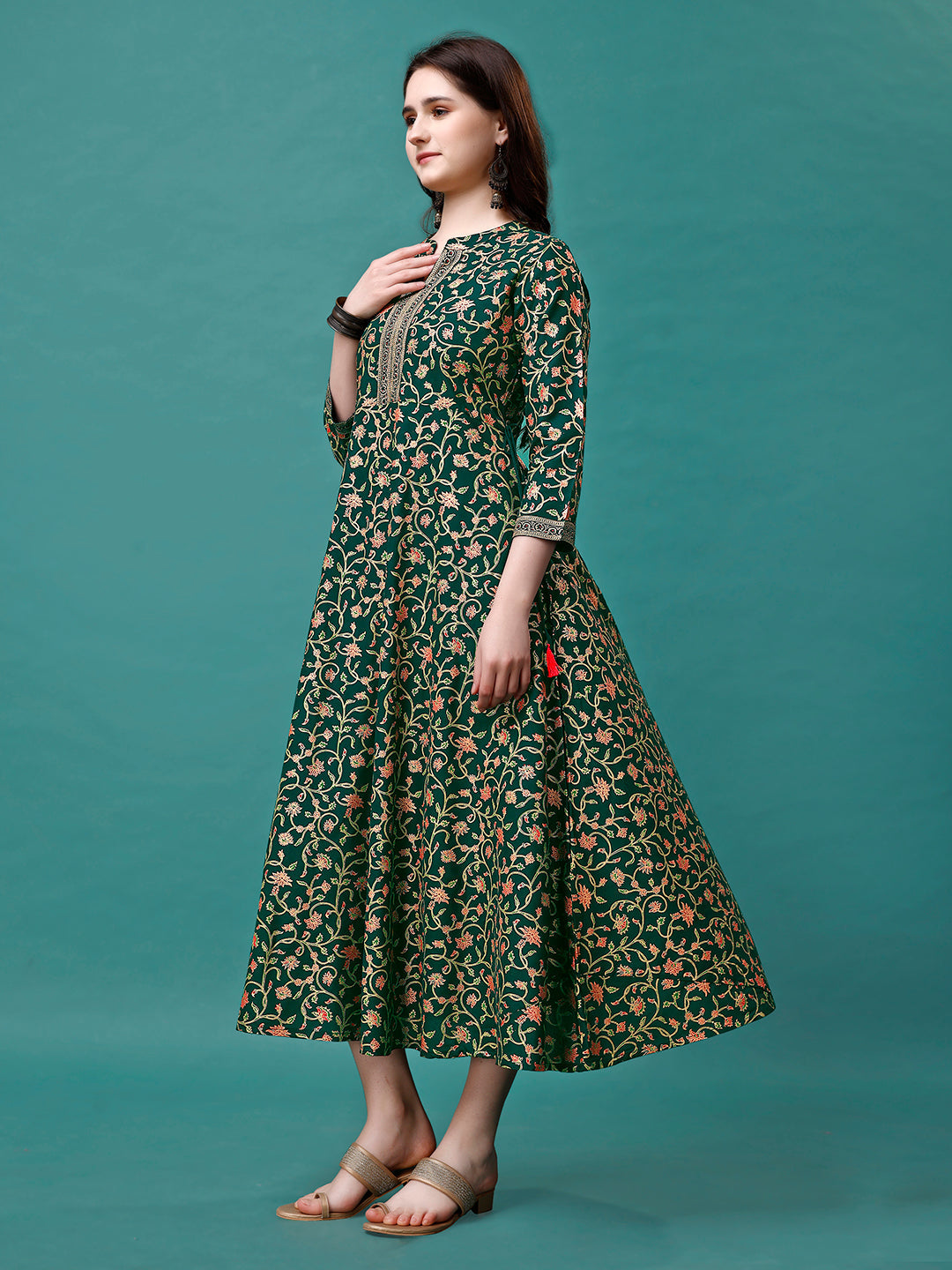 Floral Printed Rayon Flared Dress Kurta, Multicolor - Hiral Fashion - Distacart