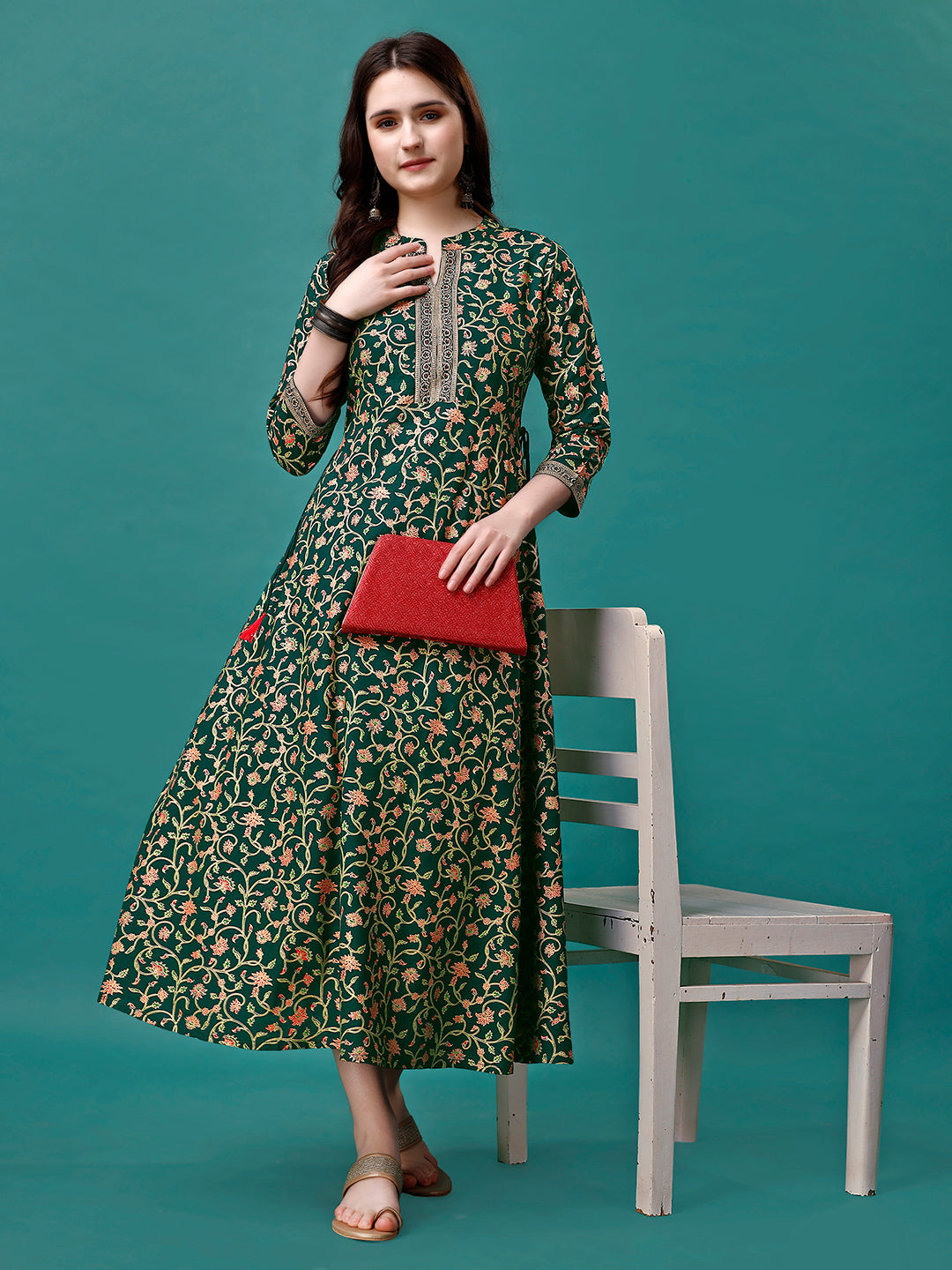Floral Printed Rayon Flared Dress Kurta, Multicolor - Hiral Fashion - Distacart