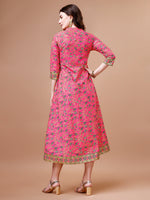 Thumbnail for Printed Full Neck Pink Rayon Ethnic Dress, Multicolor - Hiral Fashion - Distacart