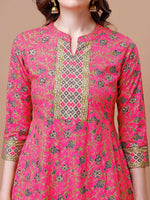 Thumbnail for Printed Full Neck Pink Rayon Ethnic Dress, Multicolor - Hiral Fashion - Distacart