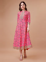 Thumbnail for Printed Full Neck Pink Rayon Ethnic Dress, Multicolor - Hiral Fashion - Distacart