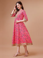 Thumbnail for Printed Full Neck Pink Rayon Ethnic Dress, Multicolor - Hiral Fashion - Distacart