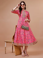 Thumbnail for Printed Full Neck Pink Rayon Ethnic Dress, Multicolor - Hiral Fashion - Distacart