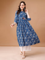 Thumbnail for Floral Printed Flared Tie Up Neck Kurta, Multicolor - Hiral Fashion - Distacart