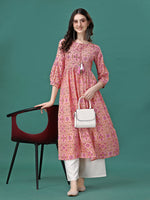 Thumbnail for Floral Printed Flared Tie Up Neck Kurta, Multicolor - Hiral Fashion - Distacart