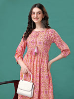 Thumbnail for Floral Printed Flared Tie Up Neck Kurta, Multicolor - Hiral Fashion - Distacart