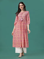 Thumbnail for Floral Printed Flared Tie Up Neck Kurta, Multicolor - Hiral Fashion - Distacart