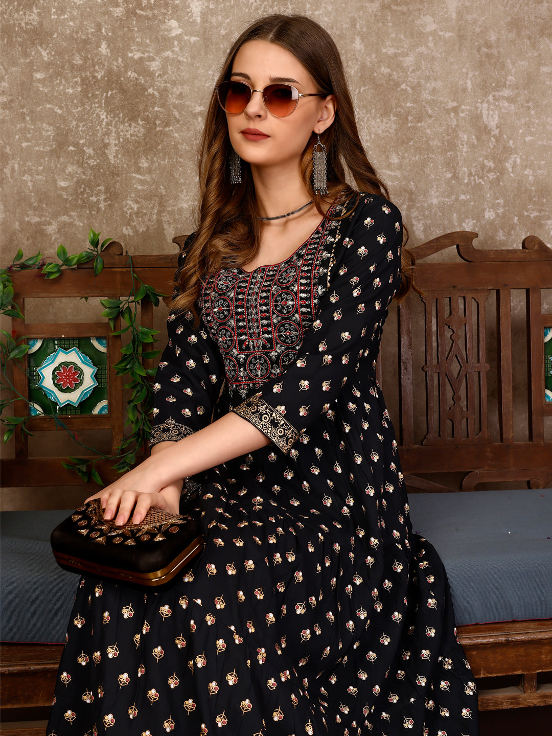 Embroidered & Printed Flared Rayon Kurta Premium Luxury, Multicolor - Hiral Fashion - Distacart