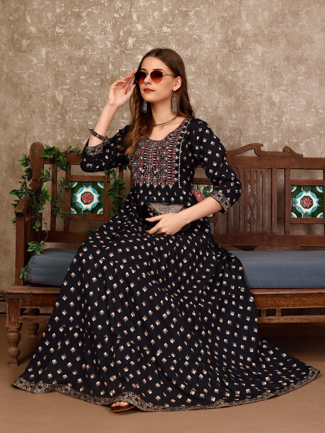 Embroidered & Printed Flared Rayon Kurta Premium Luxury, Multicolor - Hiral Fashion - Distacart