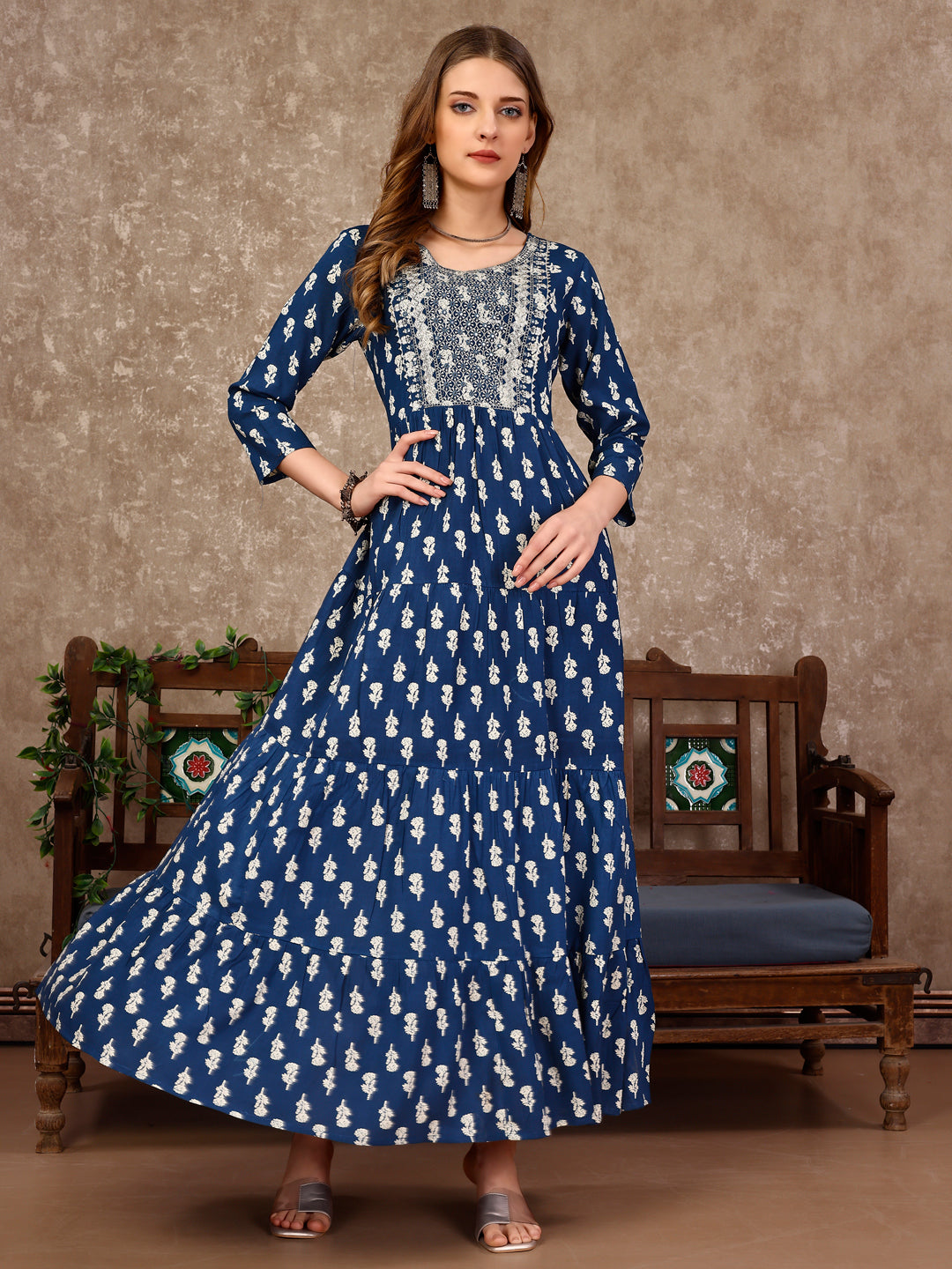 Embroidered & Printed Flared Rayon Kurta Premium Luxury, Multicolor - Hiral Fashion - Distacart