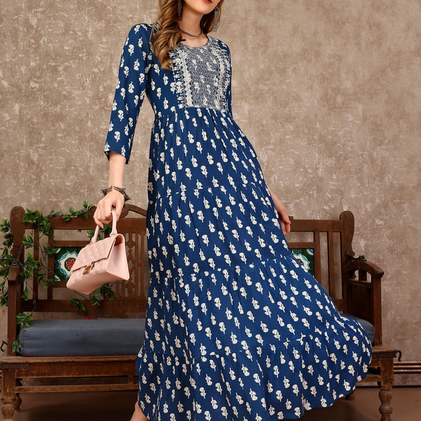 Embroidered & Printed Flared Rayon Kurta Premium Luxury, Multicolor - Hiral Fashion - Distacart