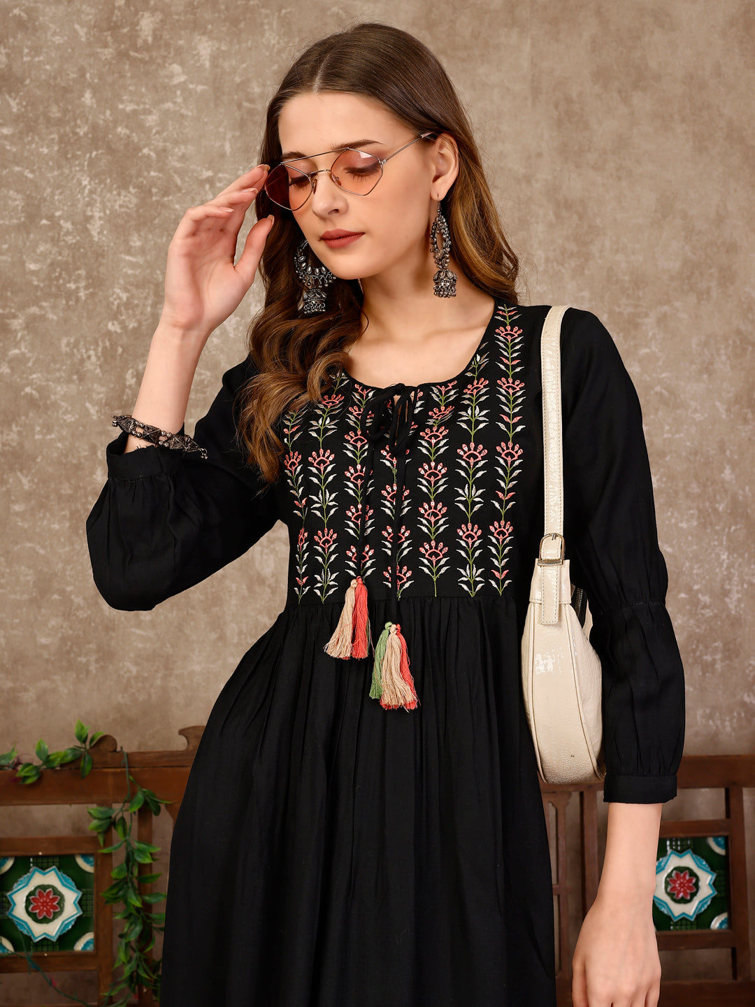Embroidered Flared Rayon Kurta, Multicolor - Hiral Fashion - Distacart
