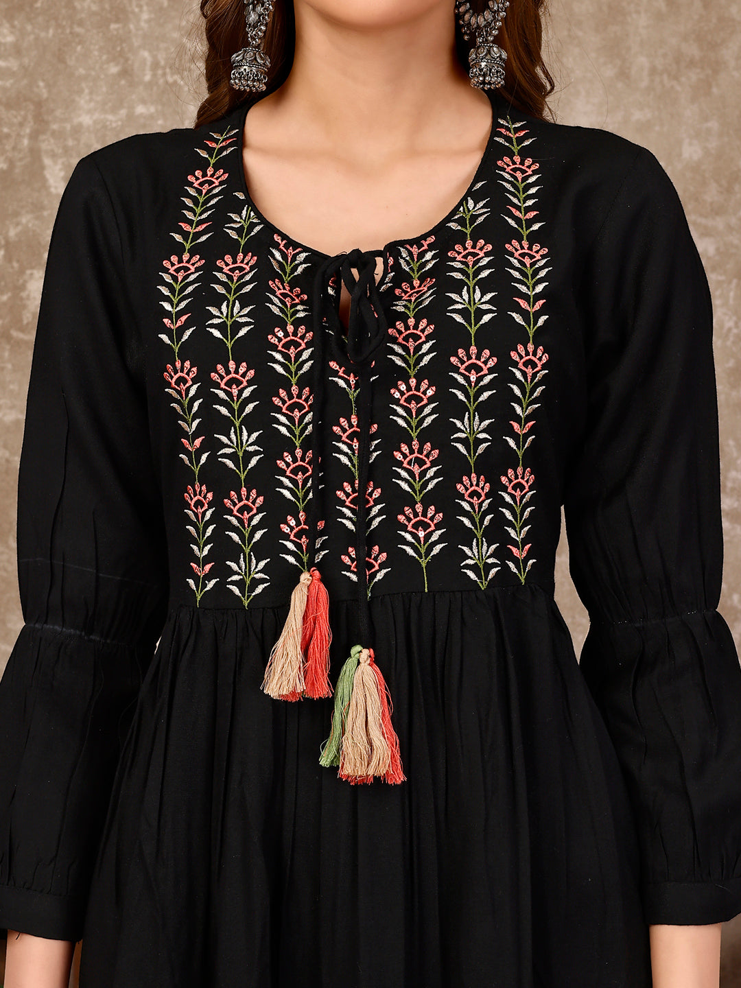 Embroidered Flared Rayon Kurta, Multicolor - Hiral Fashion - Distacart