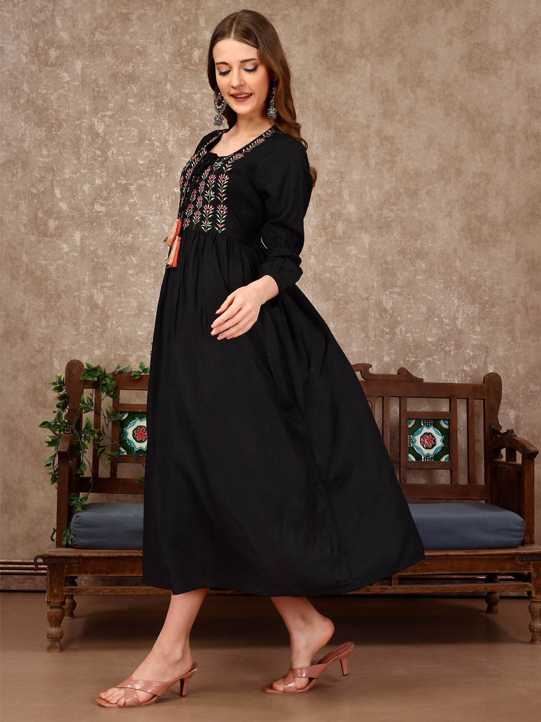 Embroidered Flared Rayon Kurta, Multicolor - Hiral Fashion - Distacart