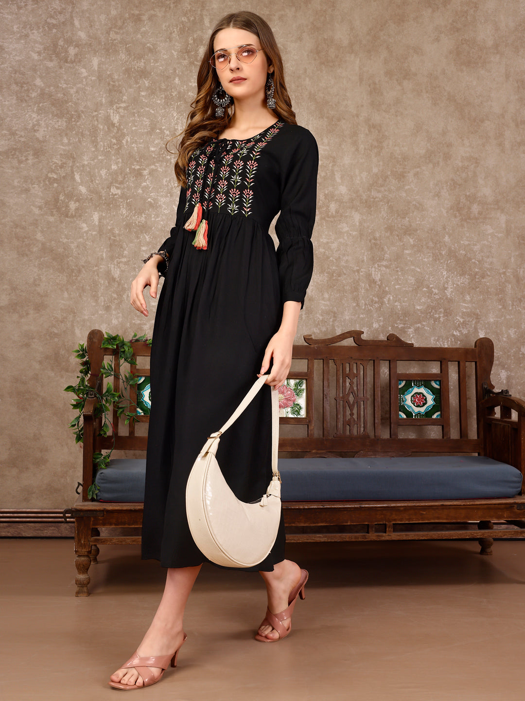 Embroidered Flared Rayon Kurta, Multicolor - Hiral Fashion - Distacart