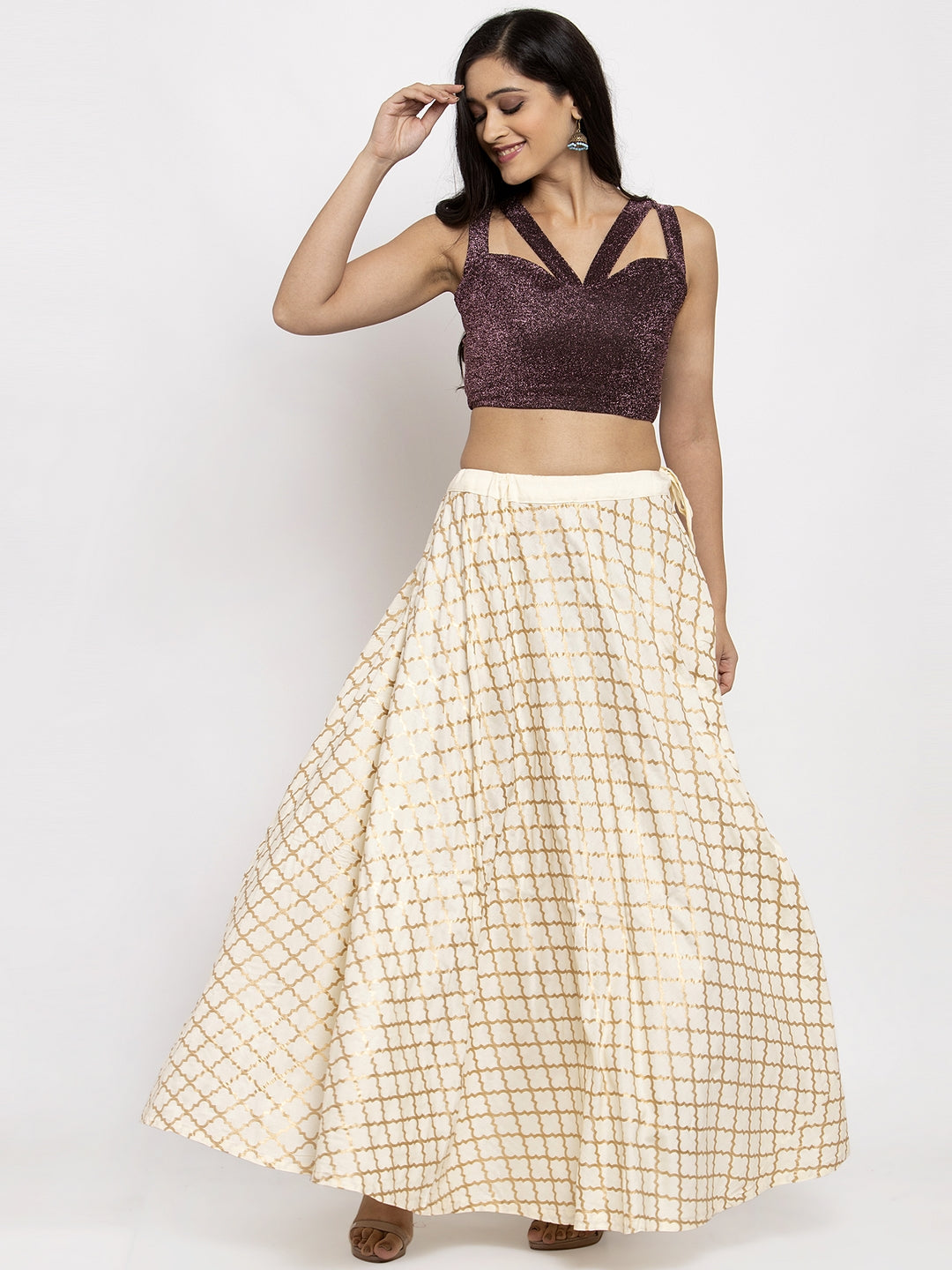 Wahe-NOOR Cream Printed Rayon Skirt