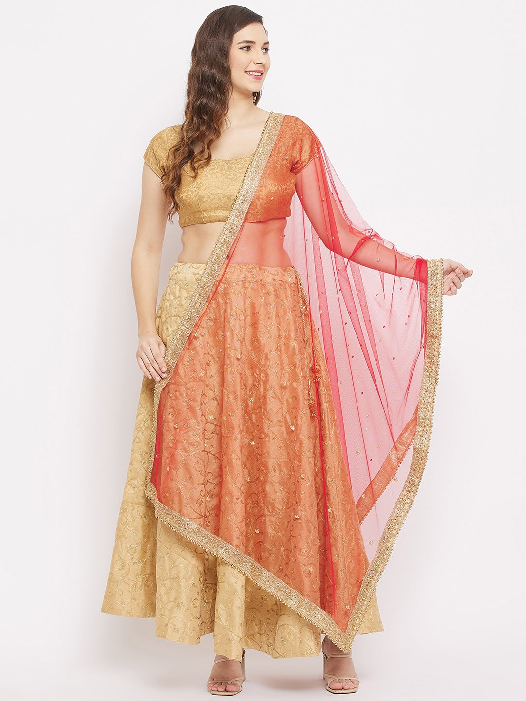 Wahe-NOOR Red Embellished Dupatta with Beads and Stones