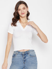 Thumbnail for Wahe-NOOR White Solid Shirt Collar Crop Top