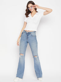Thumbnail for Wahe-NOOR White Solid Shirt Collar Crop Top
