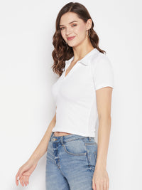 Thumbnail for Wahe-NOOR White Solid Shirt Collar Crop Top