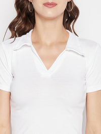 Thumbnail for Wahe-NOOR White Solid Shirt Collar Crop Top