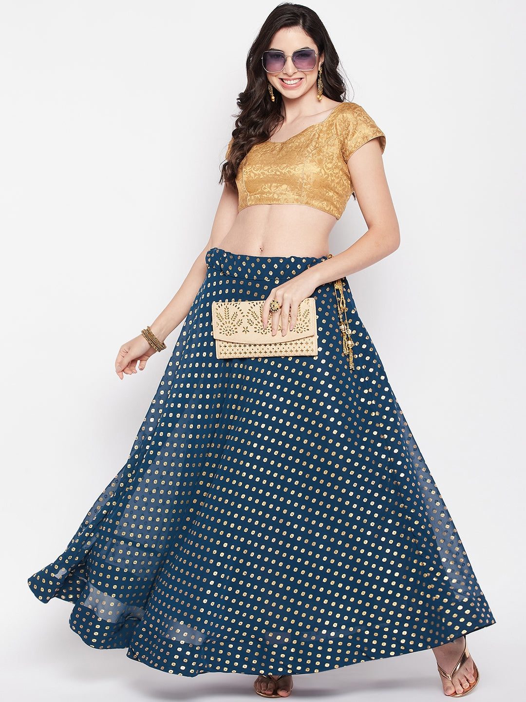 Wahe-NOOR Peacock Blue Foil Printed Georgette Flared Skirt