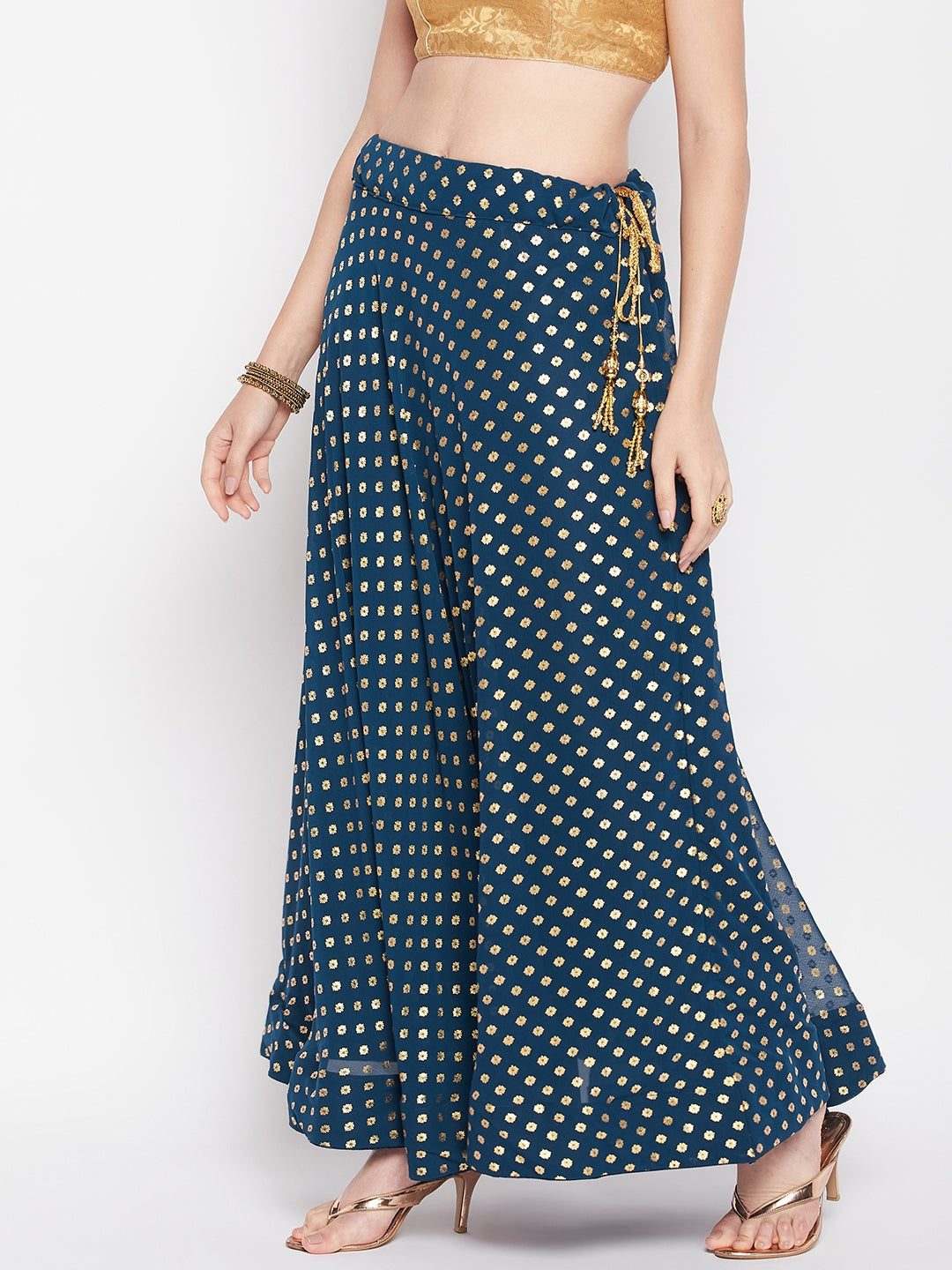 Wahe-NOOR Peacock Blue Foil Printed Georgette Flared Skirt