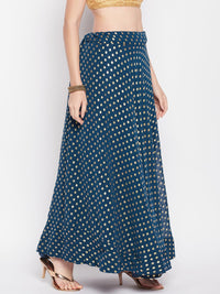 Thumbnail for Wahe-NOOR Peacock Blue Foil Printed Georgette Flared Skirt
