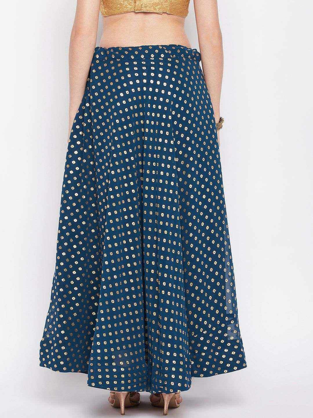 Wahe-NOOR Peacock Blue Foil Printed Georgette Flared Skirt