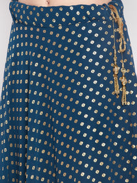 Thumbnail for Wahe-NOOR Peacock Blue Foil Printed Georgette Flared Skirt