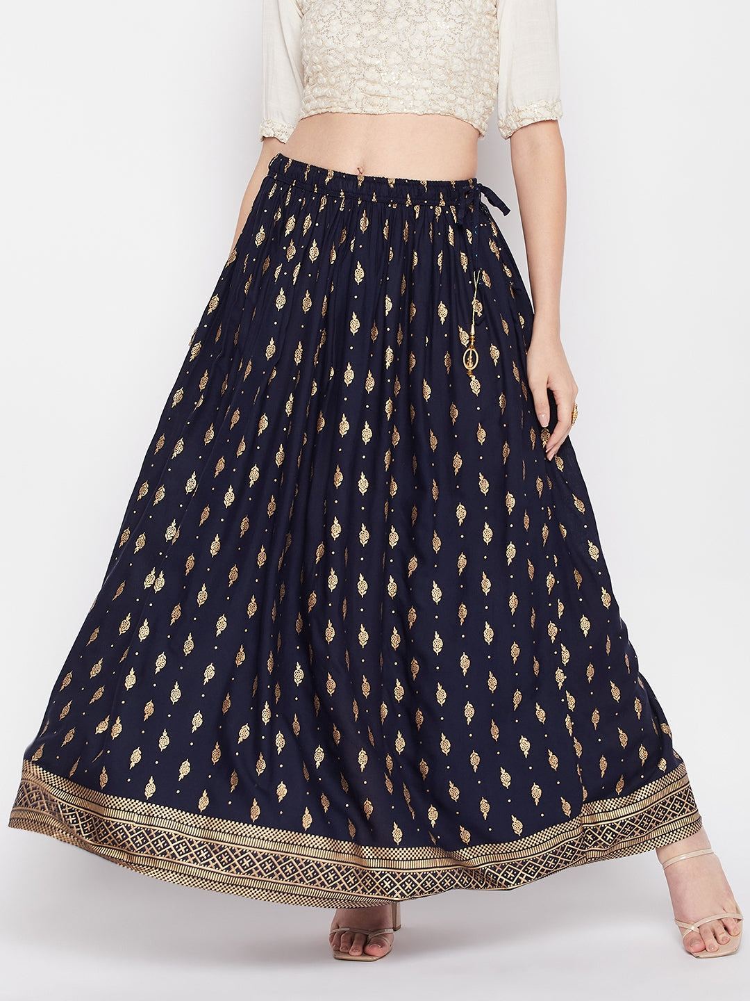 Wahe-NOOR Navy Blue Printed Rayon Maxi Skirt