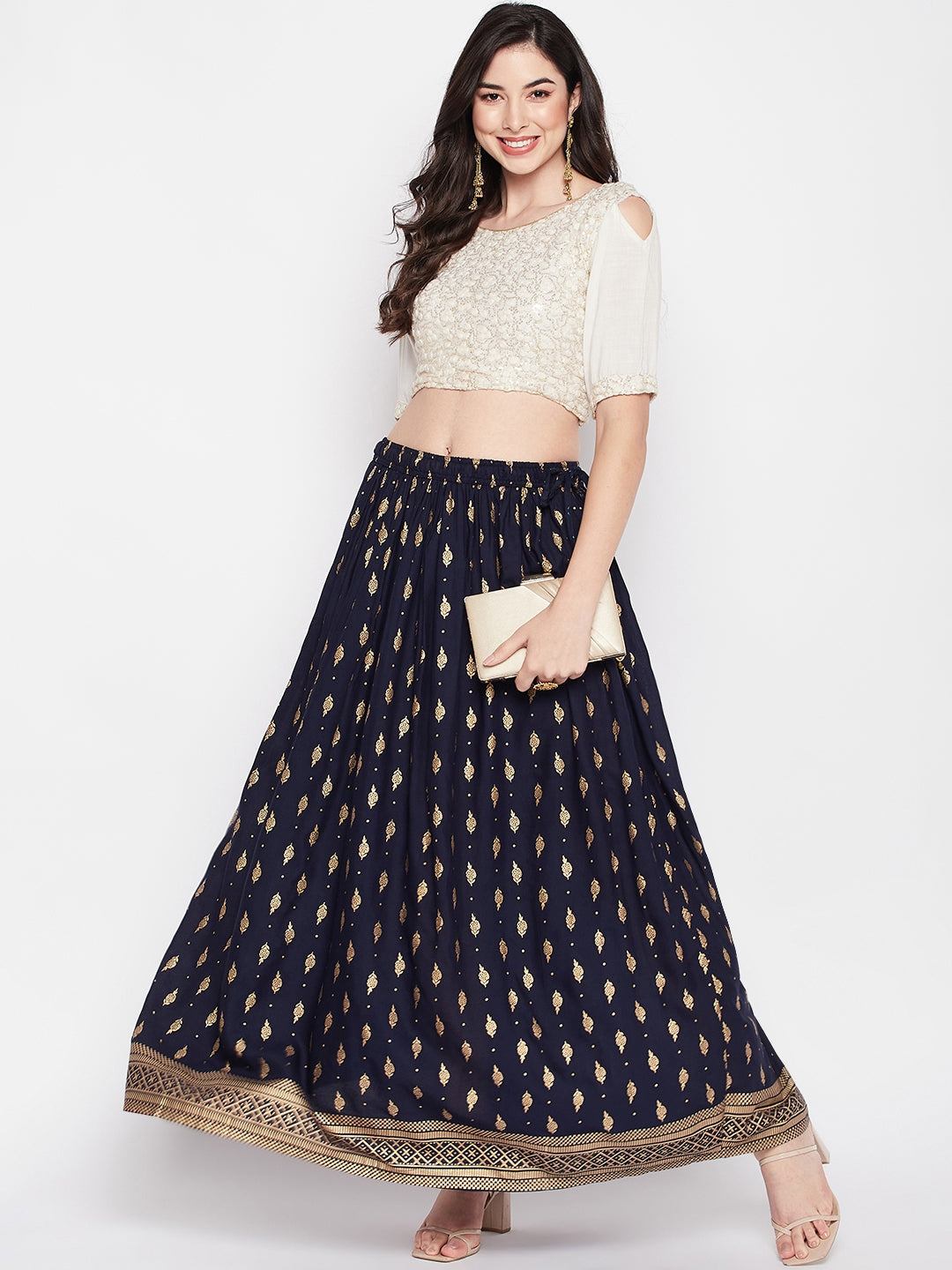 Wahe-NOOR Navy Blue Printed Rayon Maxi Skirt