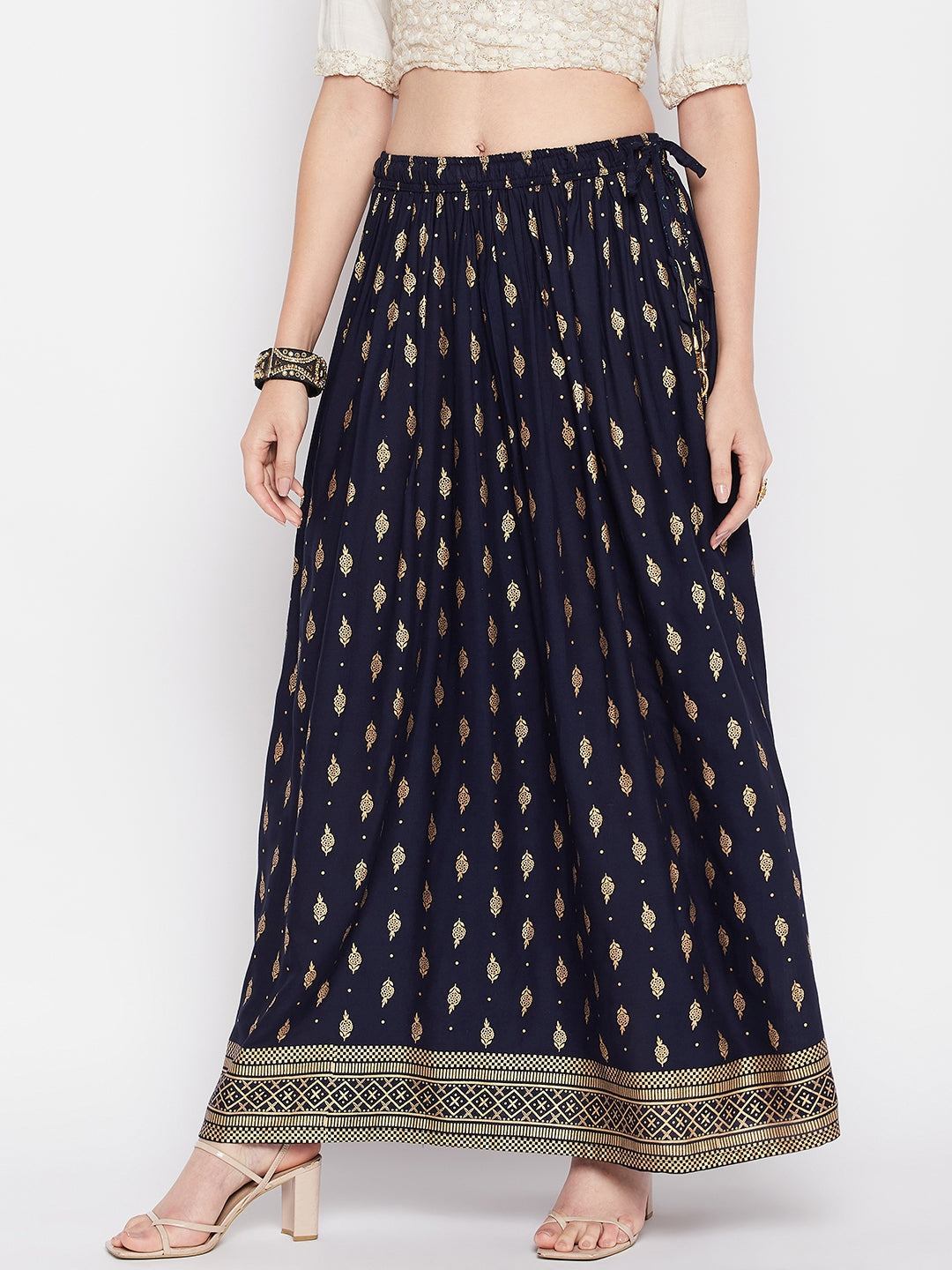 Wahe-NOOR Navy Blue Printed Rayon Maxi Skirt