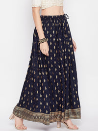 Thumbnail for Wahe-NOOR Navy Blue Printed Rayon Maxi Skirt