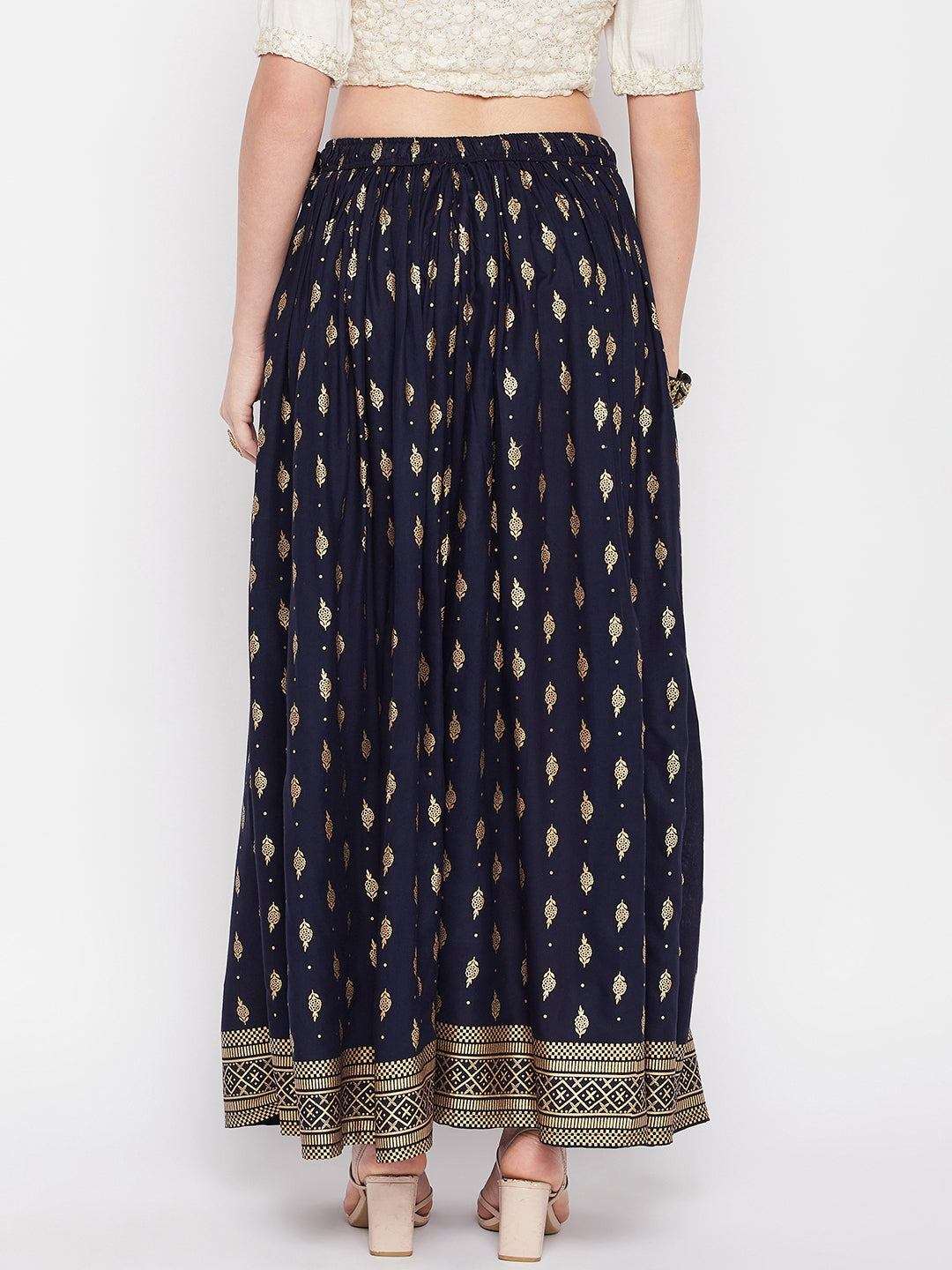 Wahe-NOOR Navy Blue Printed Rayon Maxi Skirt