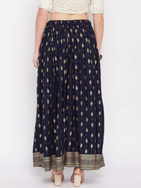 Thumbnail for Wahe-NOOR Navy Blue Printed Rayon Maxi Skirt