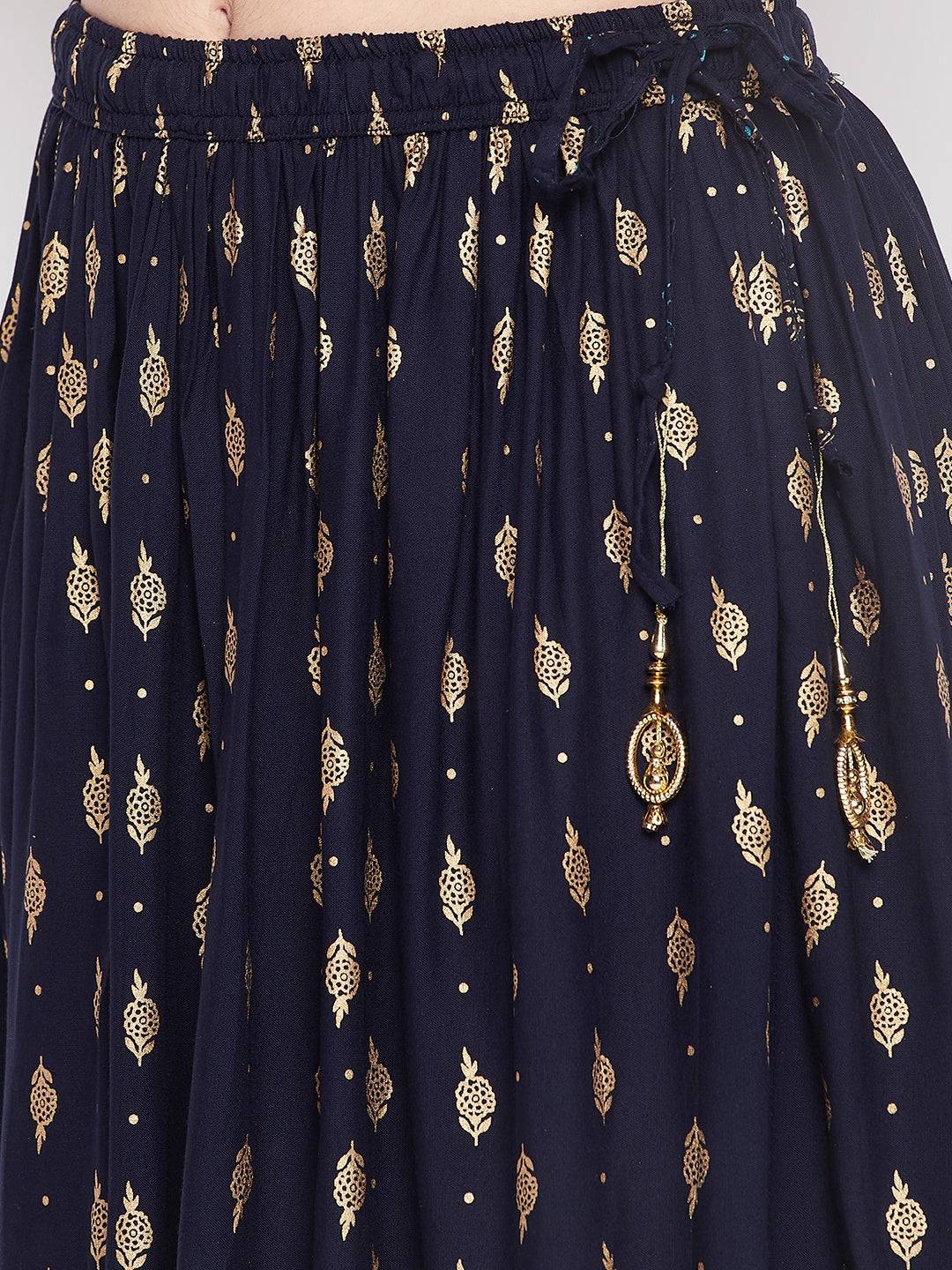Wahe-NOOR Navy Blue Printed Rayon Maxi Skirt