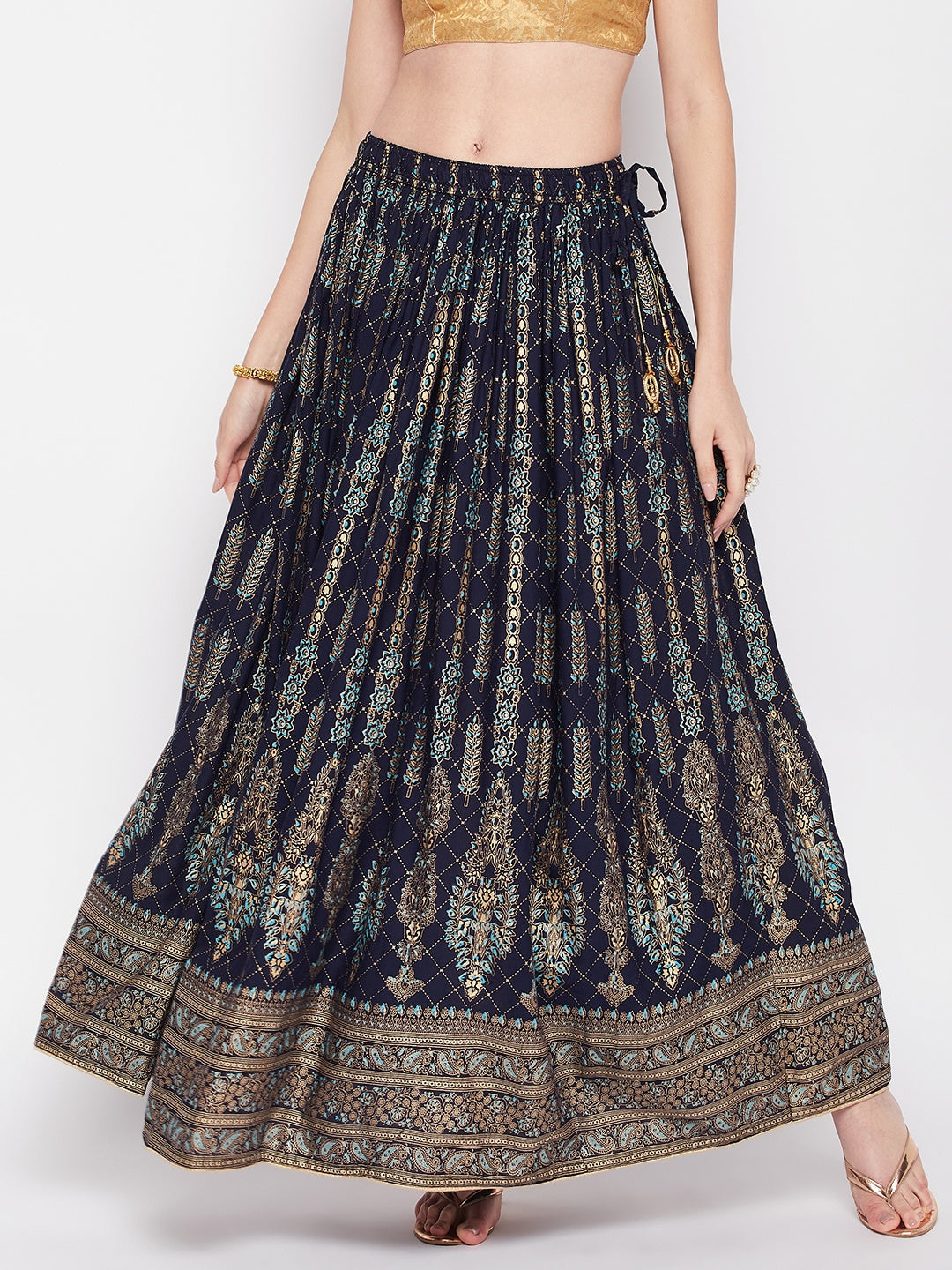 Wahe-NOOR Navy Blue Printed Rayon Flared Skirt