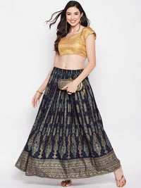 Thumbnail for Wahe-NOOR Navy Blue Printed Rayon Flared Skirt