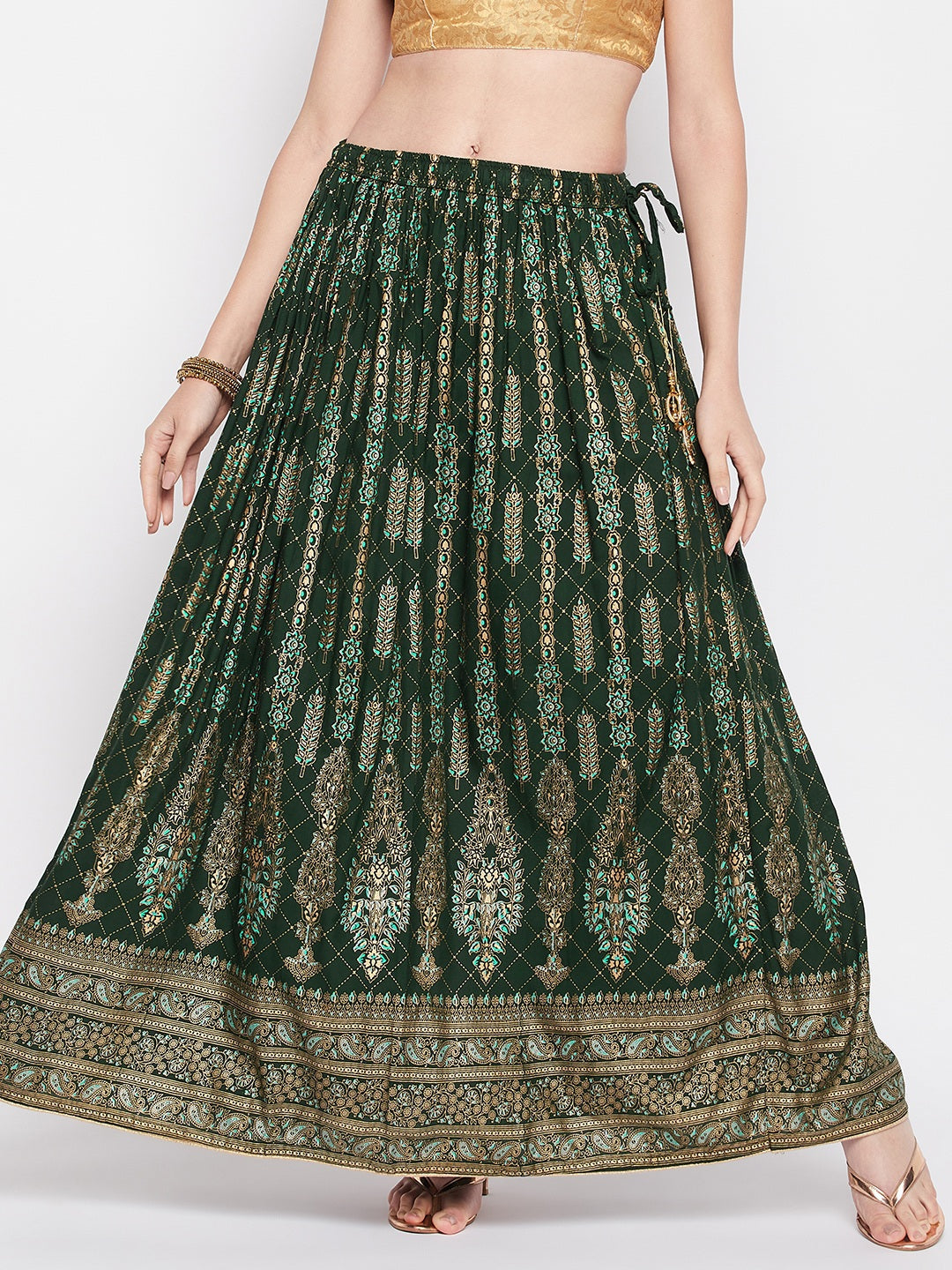 Wahe-NOOR Bottle Green Printed Rayon Flared Skirt
