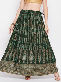 Thumbnail for Wahe-NOOR Bottle Green Printed Rayon Flared Skirt