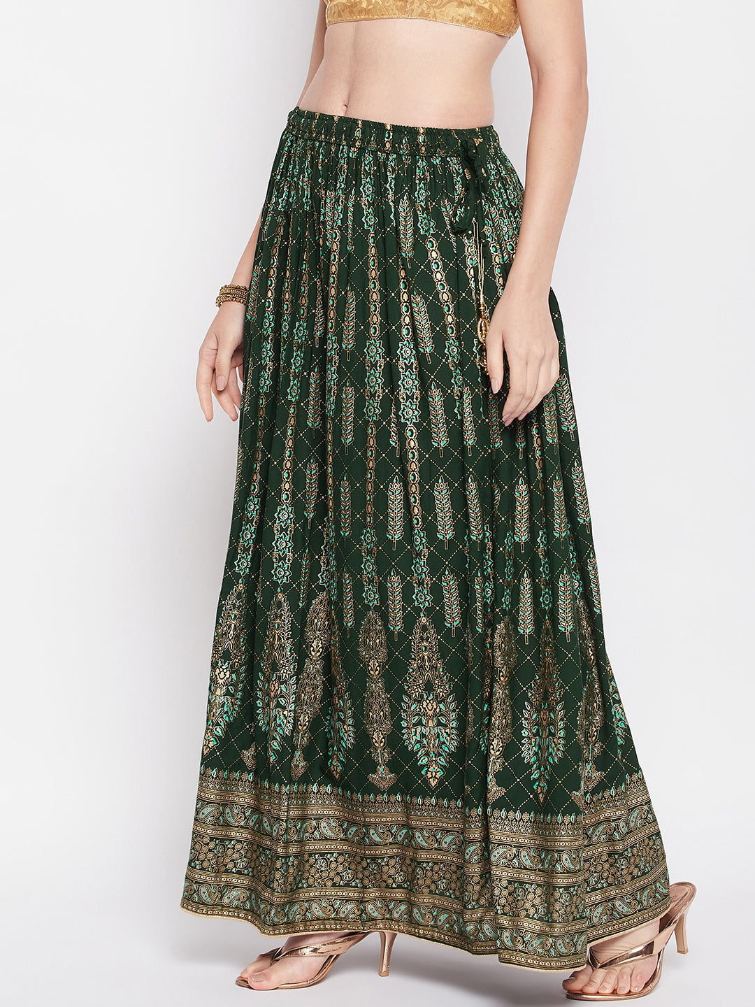 Wahe-NOOR Bottle Green Printed Rayon Flared Skirt