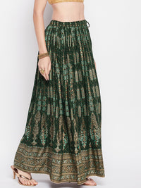 Thumbnail for Wahe-NOOR Bottle Green Printed Rayon Flared Skirt