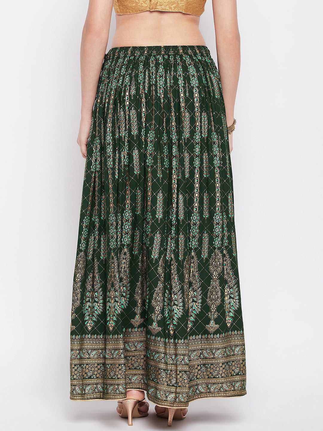 Wahe-NOOR Bottle Green Printed Rayon Flared Skirt