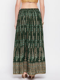 Thumbnail for Wahe-NOOR Bottle Green Printed Rayon Flared Skirt