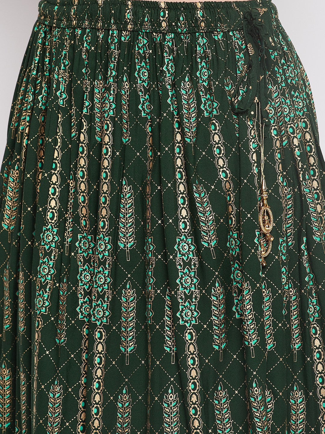 Wahe-NOOR Bottle Green Printed Rayon Flared Skirt
